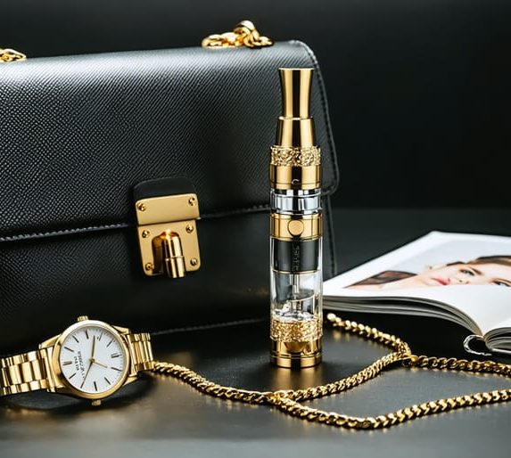 An opulent vaping device embellished with gold, alongside a designer handbag and luxury fashion items, conveying a blend of style and elegance.